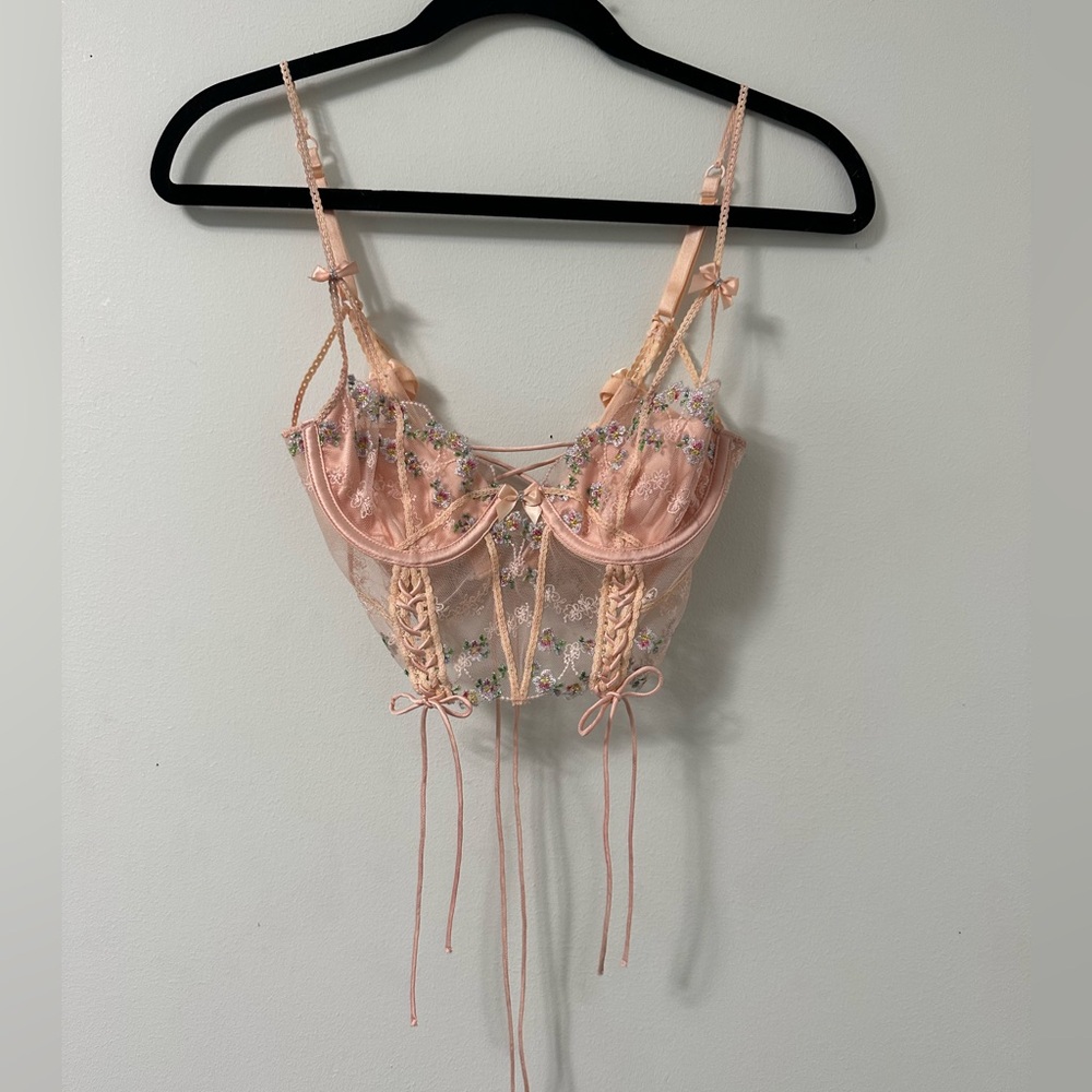 For Love And Lemons Peach Floral Lace Bra